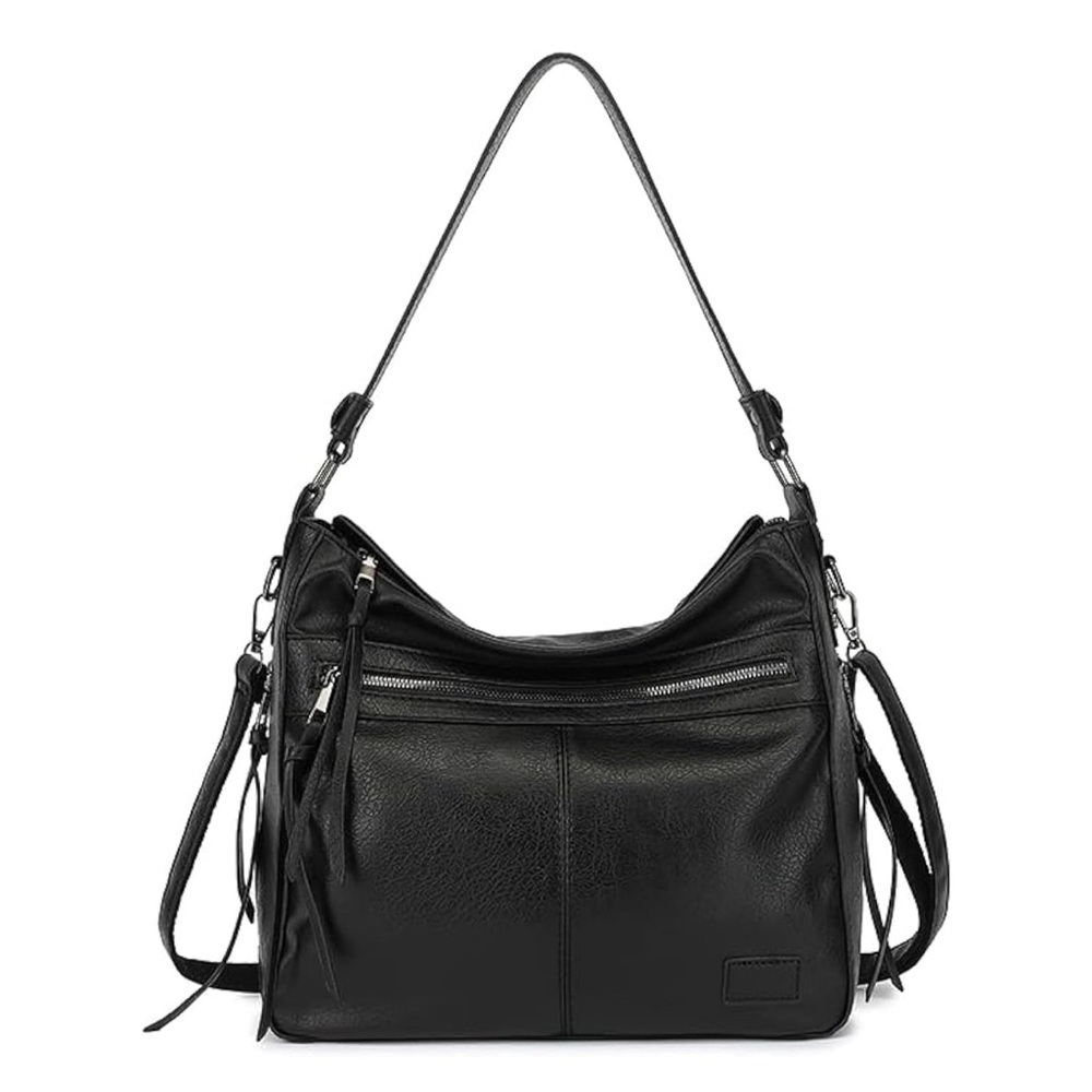 Black PU Leather Hobo shoulder bag with zipper pockets.Top handle/shoulder strap
